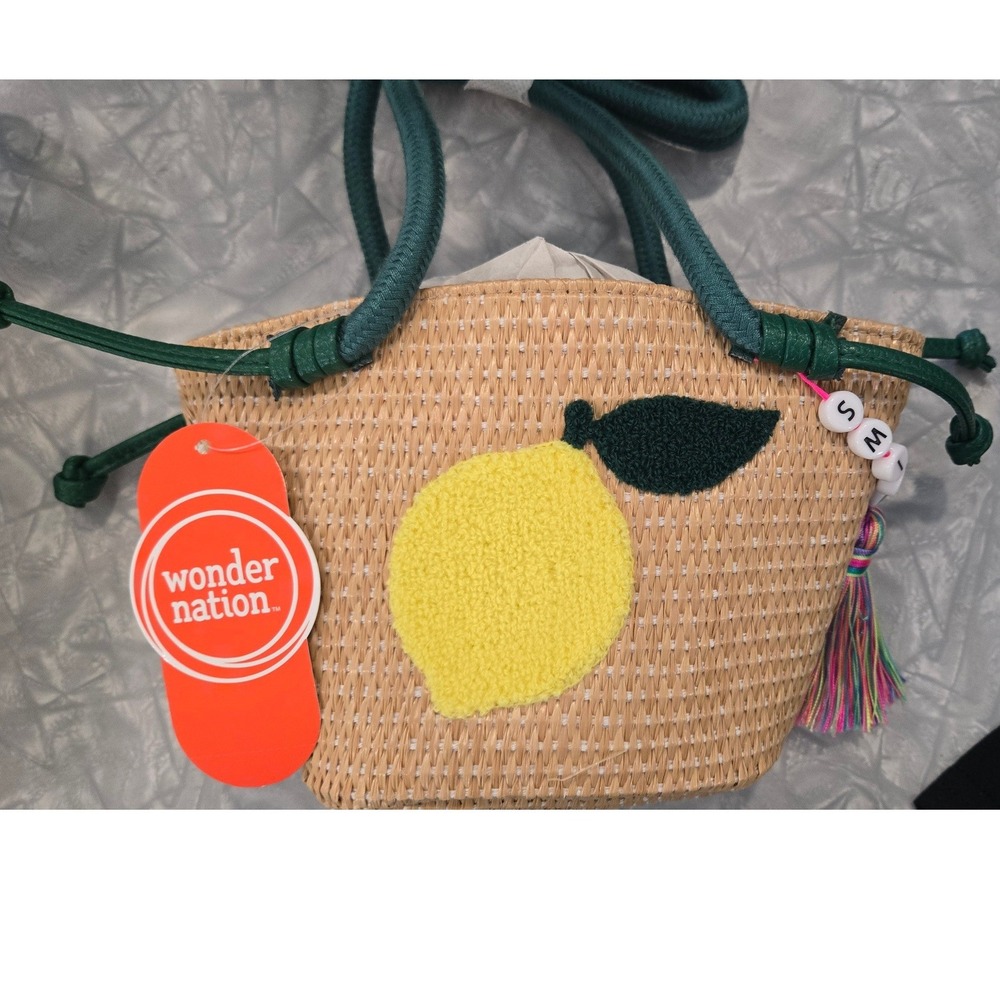 Wonder Nation Girls Straw Lemon Crossbody Bag Tan Green Smile Tassel NWT